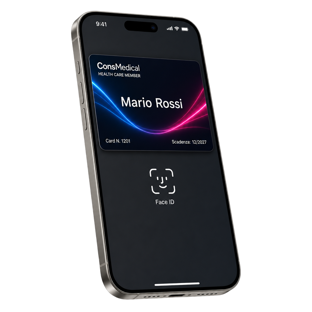 Mockup iPhone che mostra la Card Digitale ConsMedical di Mario Rossi