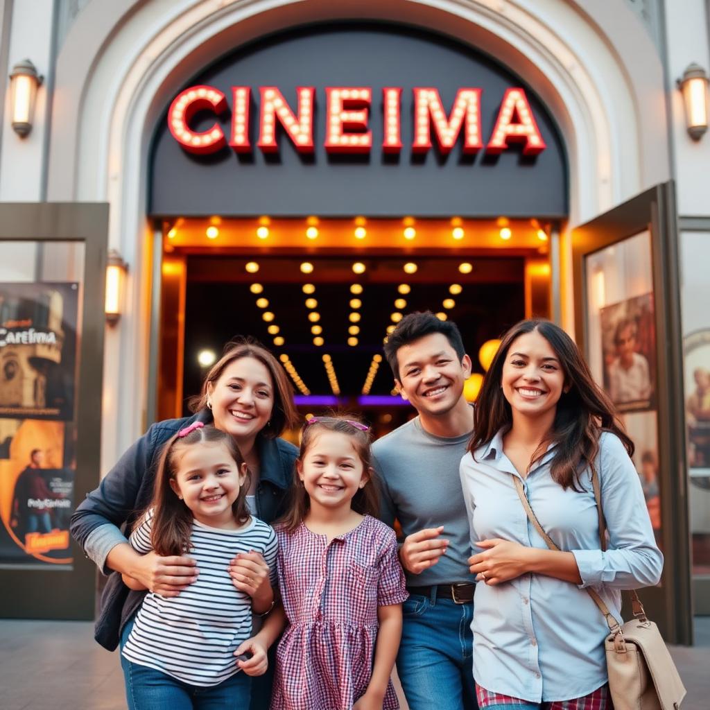 Famiglia felice all'ingresso del cinema